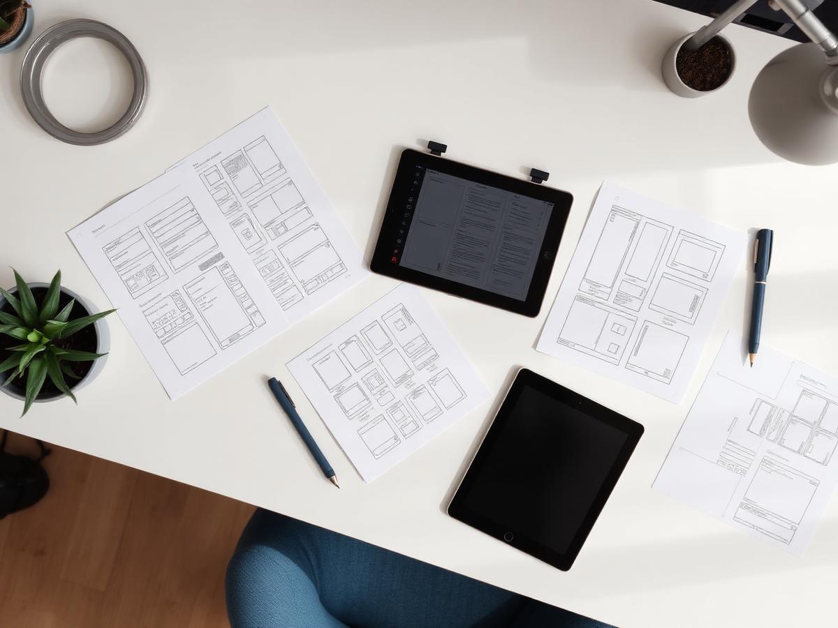 Wireframes et croquis d'interface sur un bureau lumineux