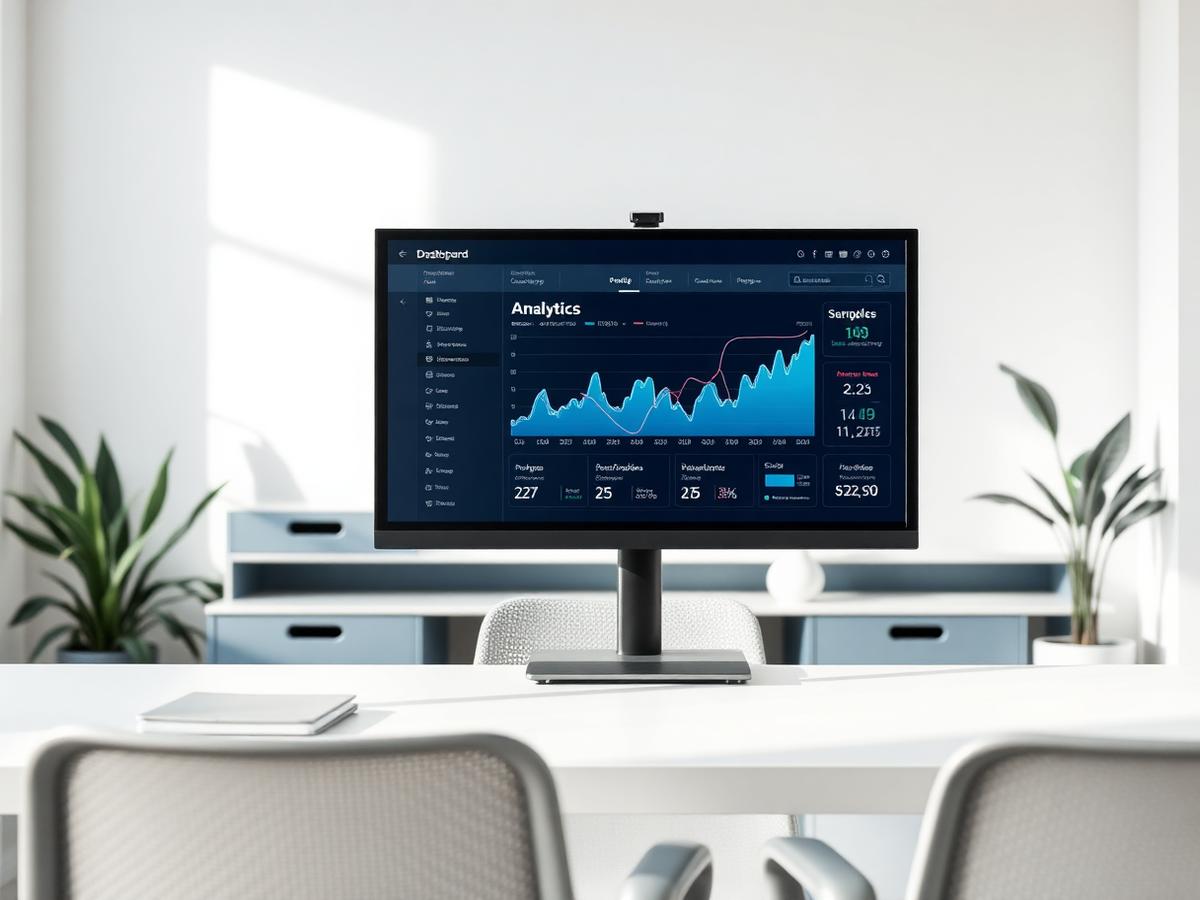 Tableau de bord d'analyse affiché sur un écran dans un bureau clair